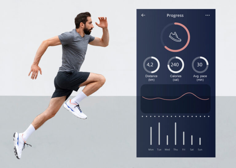 Runner training with fitness app progress tracking overlay on mobile